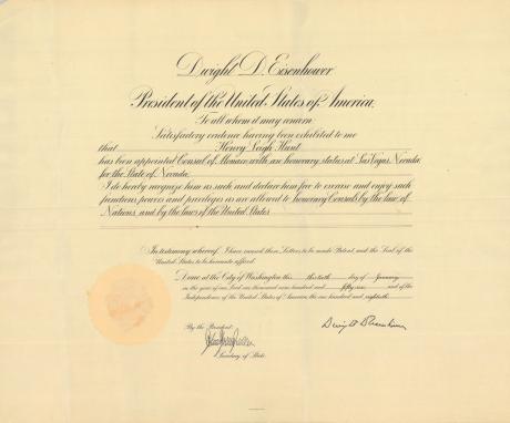 Exequatur by President Eisenhower confirming Henry Leigh Hunt as Consul of Monaco in Las Vegas, 1956 Exequatur by President Eisenhower confirming Henry Leigh Hunt as Consul of Monaco in Las Vegas, 1956
